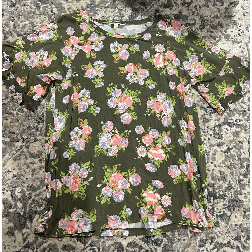 Matilda‎ Jane Women's Size L Olive Green and Pink Floral Ruffled Sleeve Knit Top